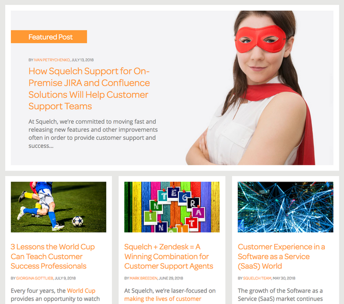 The Blog section features the primary elements of Squelch’s visual identity, from the color orange and the superhero theme to the Omnes typeface for headlines.