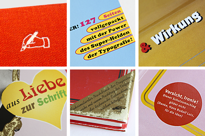 Rhyme &amp; Reason is hard cover bound in red cloth. The front cover simply bears the Writing Hand from Zapf Dingbats. In contrast the dusk jackets are colorful and equipped with several different typefaces: Cooper Black, ITC Kabel, Adobe Caslon, Arnold Boecklin, ITC Franklin Gothic and Kaufmann – from left to right/top to bottom – only to emphasize a few. Finally a sticker set in Spiekermann’s FF Meta makes sure these cover concepts are not being taken too serious.