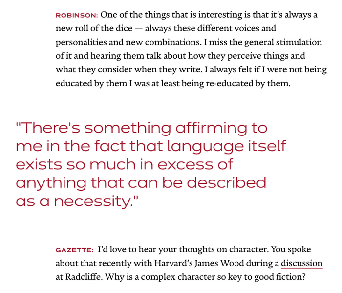 Detail from an interview: Names are accentuated by colored caps from Dinamit Semibold. The pull quote is rendered in the Light.