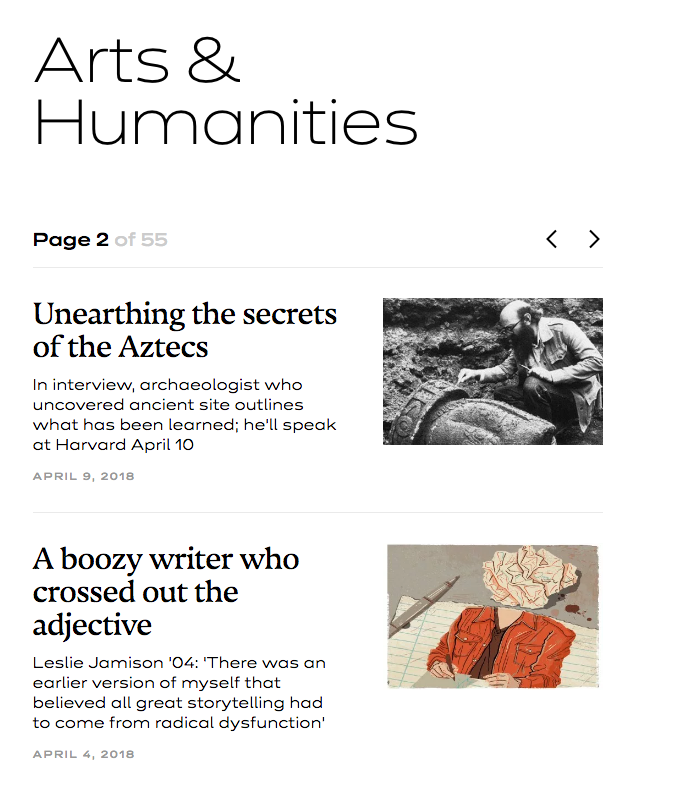 Section archive with Dinamit Extralight for the title and Dinamit Medium for the paging. The article titles are in Nocturno Display. The teaser texts show Dinamit’s Light weight. The date is in caps from the Medium.