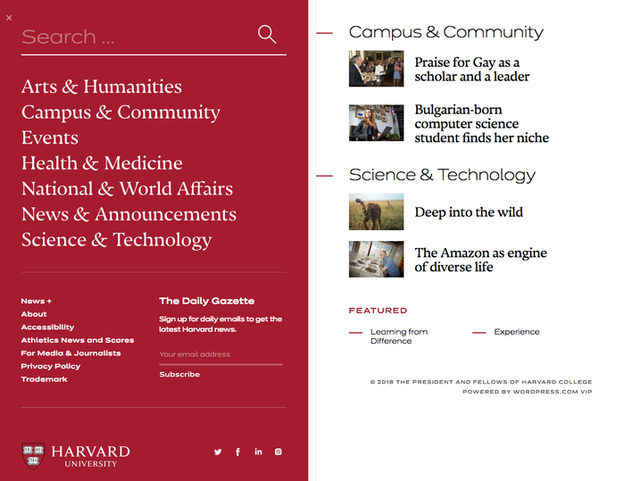 Navigation overlay with search, menu, and article suggestions