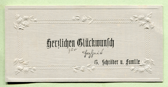 &ldquo;Herzlichen Gl&uuml;ckwunsch zur Hochzeit&rdquo; from G. Schr&ouml;der and family.