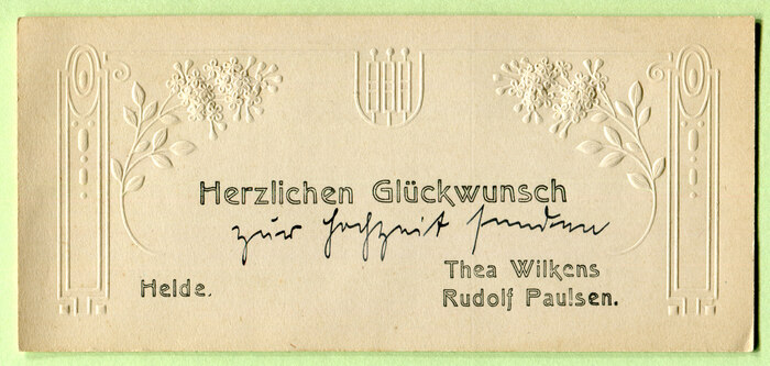 Greeting card with finely embossed branches and ornaments, sent by Thea Wilkens and Rudolf Paulsen from Heide, Schleswig-Holstein.