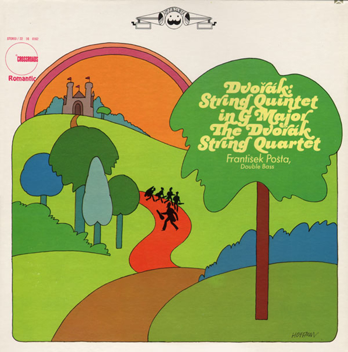 String Quintet in G Major played by The Dvořák String Quartet feat. František Pošta, Double Bass. Cover by Josef Kalousek, with art by Sandy Hoffman, 1967. The sprawling swash letters in the treetop are from Dave West’s Behemoth Italic.