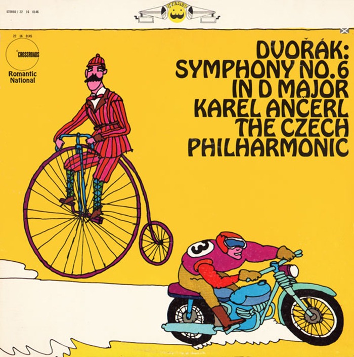 Symphony No. 6 In D Major, by The Czech Philharmonic Orchestra, conducted by Karel Ančerl. Six lines of Hobo caps with tiny diacritical marks — note the háček neatly tucked between the legs of A. Hobo is also used for the “Romantic National” logo on the left. [More info on Discogs]