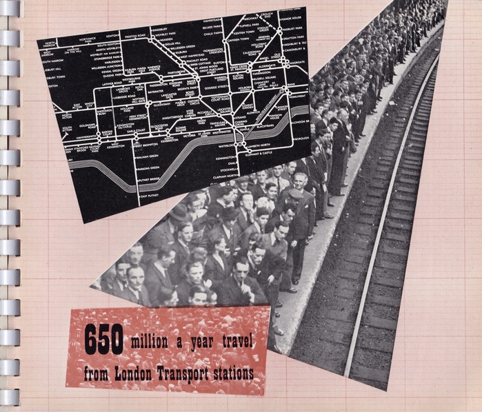 Page 12 – “650 million a year travel from London Transport stations.” This page is formed from a photomontage with an extract from the diagram, a photo and text box. The platform is very crowded and very male orientated! A sporting event I think.