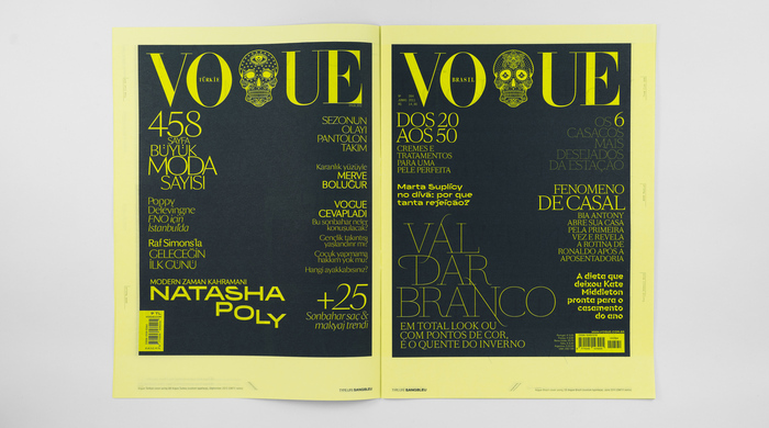 Left: Vogue Türkiye cover using SB Vogue Turkey (custom typeface) and BRRR, September 2012 (SWTY remix). Right: Vogue Brazil cover using SB Vogue Brazil (custom typeface), June 2011 (SWTY remix).