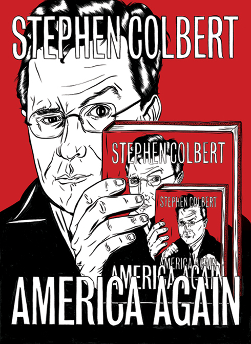 Kelsey Dake drew a parody of Stephen Colbert's self-portrait within a self-portrait for a GQ book review Colbert wrote about his own book.