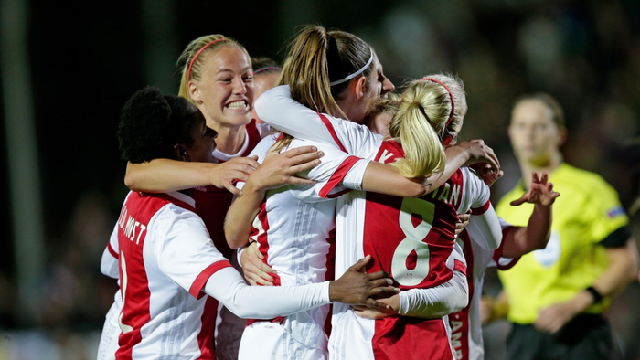 The Ajax women’s squad celebrate a goal against Brescia in the Champion’s League, Oct. 2017