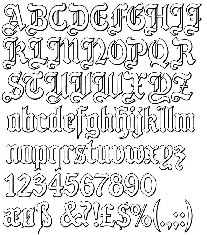 Glyph set of English Tudor, scanned from a Letraset catalog by Donald H. Tucker.