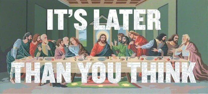 It&rsquo;s Later Than You Think, 2010
	Archival pigment, acrylic paint on canvas
	104 &times; 232 in