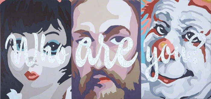 Who Are You?, 2010
	Acrylic paint and archival pigment on canvas
	34 &times; 72 in