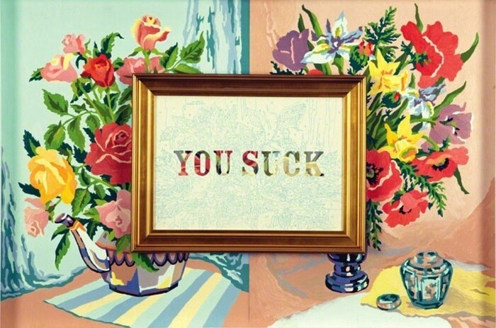 You Suck (Say it with Flowers), 2011
	Acrylic paint and archival pigment on canvas
	24 &times; 36 in