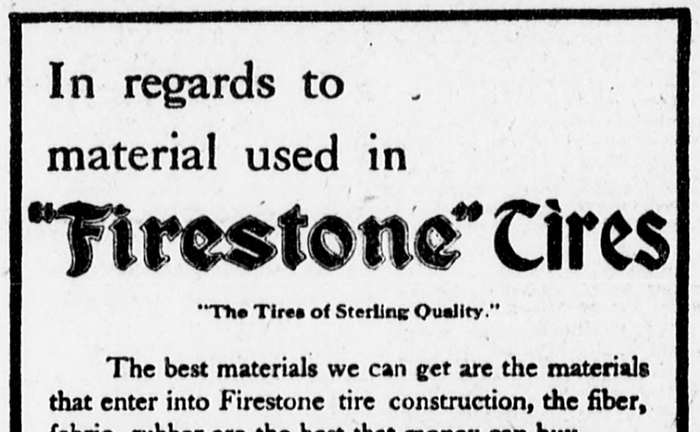 An ad in a 1908 edition of New York&rsquo;s The Sun newspaper shows the Firestone logo with &ldquo;Tires&rdquo; in Bradley.