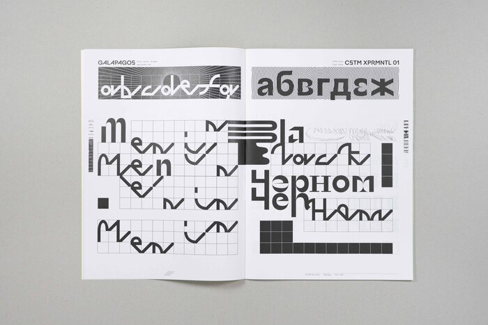 Galapagos (Felix Salut, Dinamo) and Xprmntal 01 (CSTM Fonts) visiting each other’s page. Typeface names (top) are in KRSNA. In the margins left and right, the foundry names are set in stacked letters from KOPYME (Swiss Typefaces).