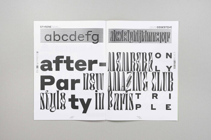 Type that looks like it cannot be moved, and type that looks like it couldn’t sit still for a second: Berton Hasebe’s Styrene (Commercial Type) and Jérémy Landes’ Digestive (Triple Studio).