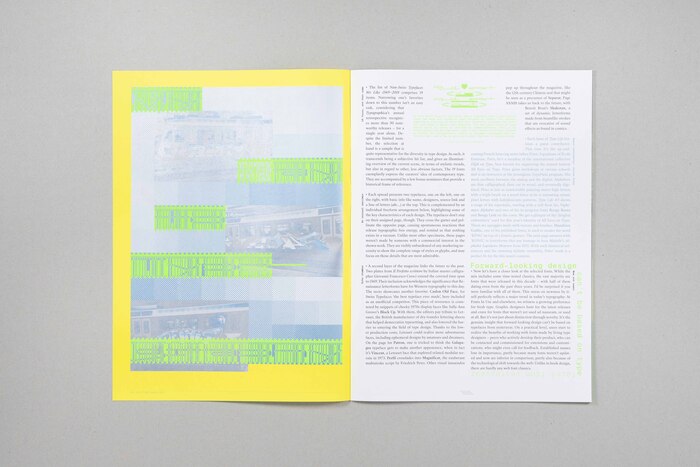 Essay, set in SangBleu Republic (body text) and Suisse Int’l Mono (streamers, side notes). The green type on the left and at the very top of the right page is KOPYME As Uzual.