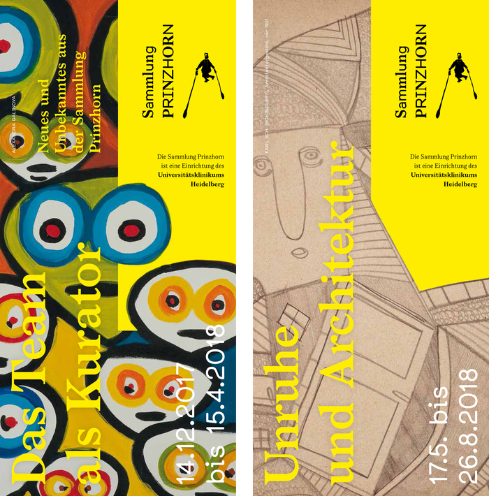 Fronts of two folded exhibition flyers, 2017/2018.