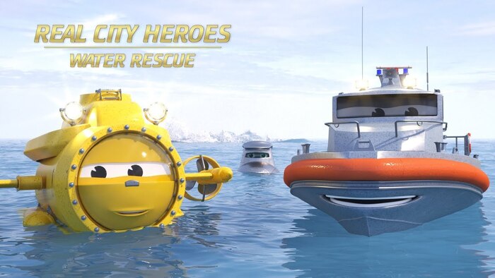 The Real City Heroes: Water Rescue logo uses a Crillee typeface.