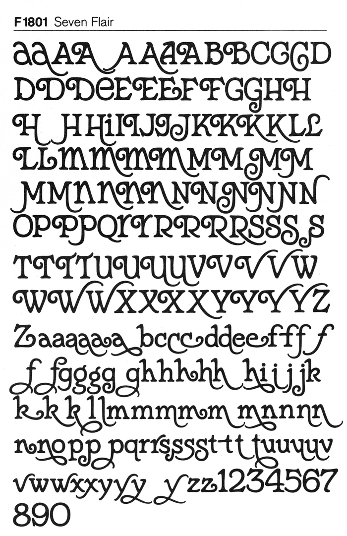 Glyph set of Seven Flair as reproduced in a catalog by German typesetting studios Fürst (c.&nbsp;1976), showing the enormous range of swash forms and other alternates.