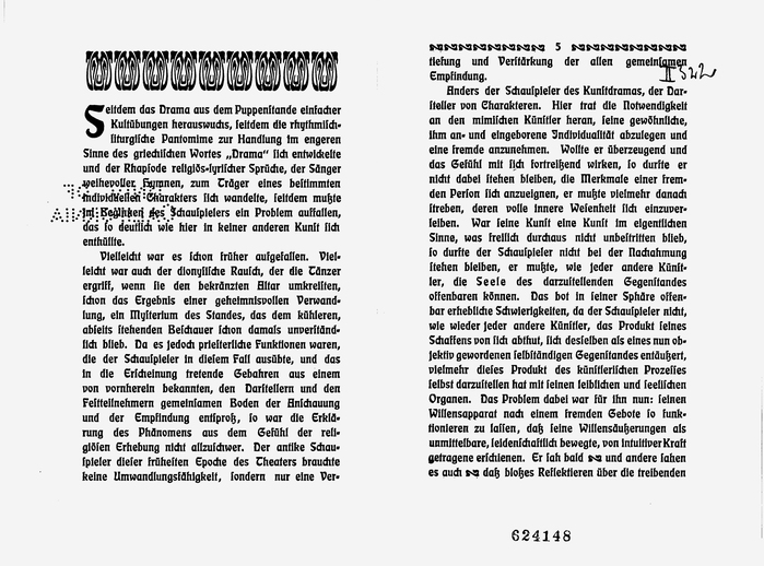 Spread from the interior, with drop cap and ornaments. In the last two lines of the right page, two floral elements from Eckmann-Schmuck appear inline. They seem to be used in place of dashes.
