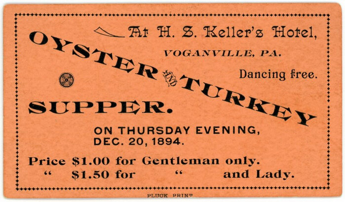 Oyster and Turkey Supper ticket, Voganville,&nbsp;Pa.