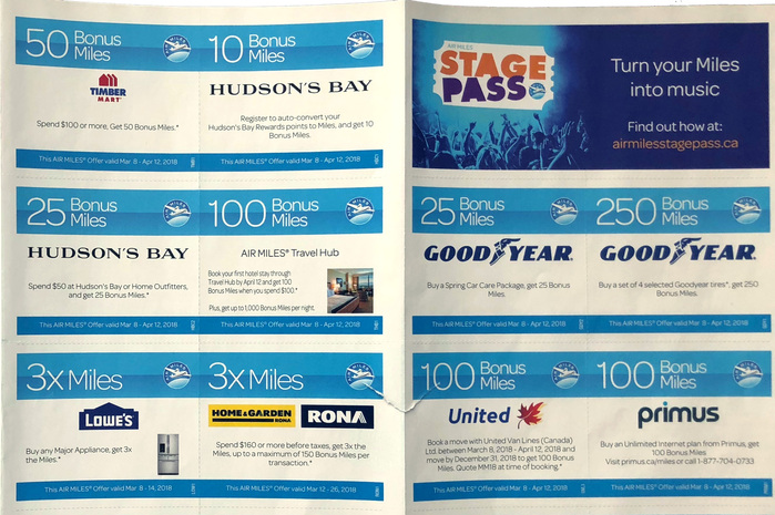 The printed coupons for bonus miles feature Omnes Light.