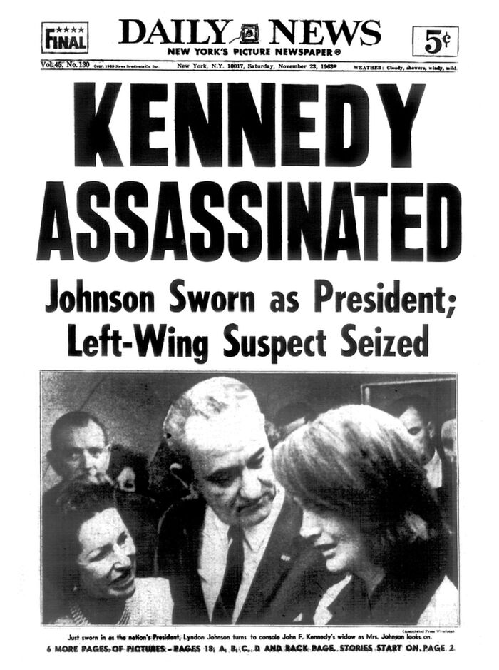 Daily News Gothic (“ASSASSINATED”) below a condensed woodtype (“KENNEDY”).