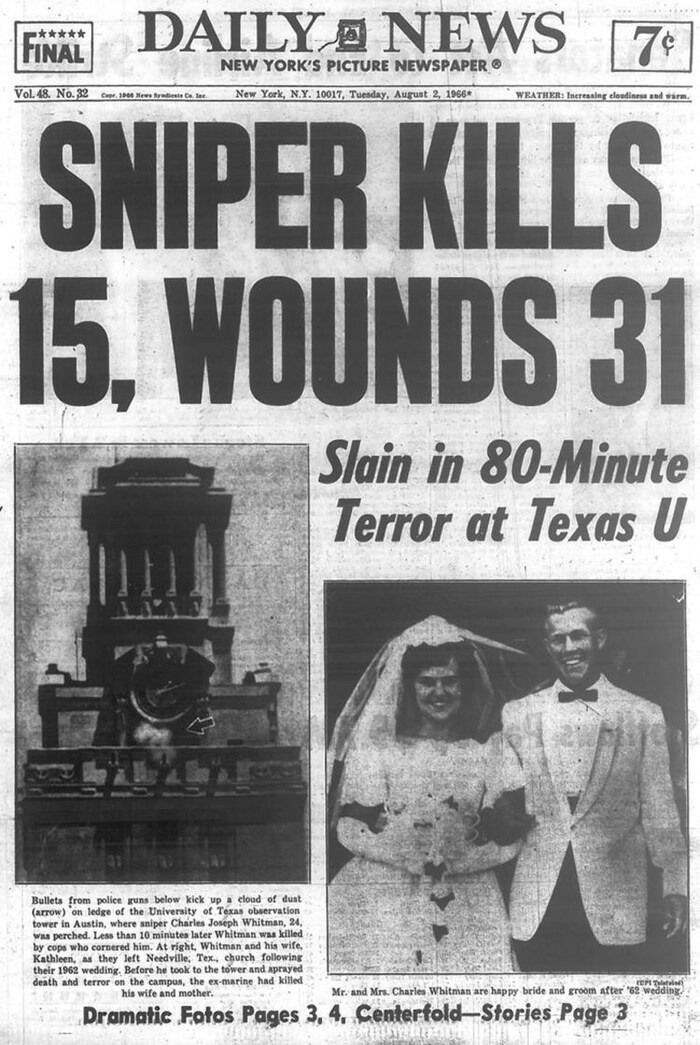 On August 1, 1966, former U.S. Marine Charles Whitman opened fire at the University of Texas campus in what was one of the the deadliest mass shootings in US history.