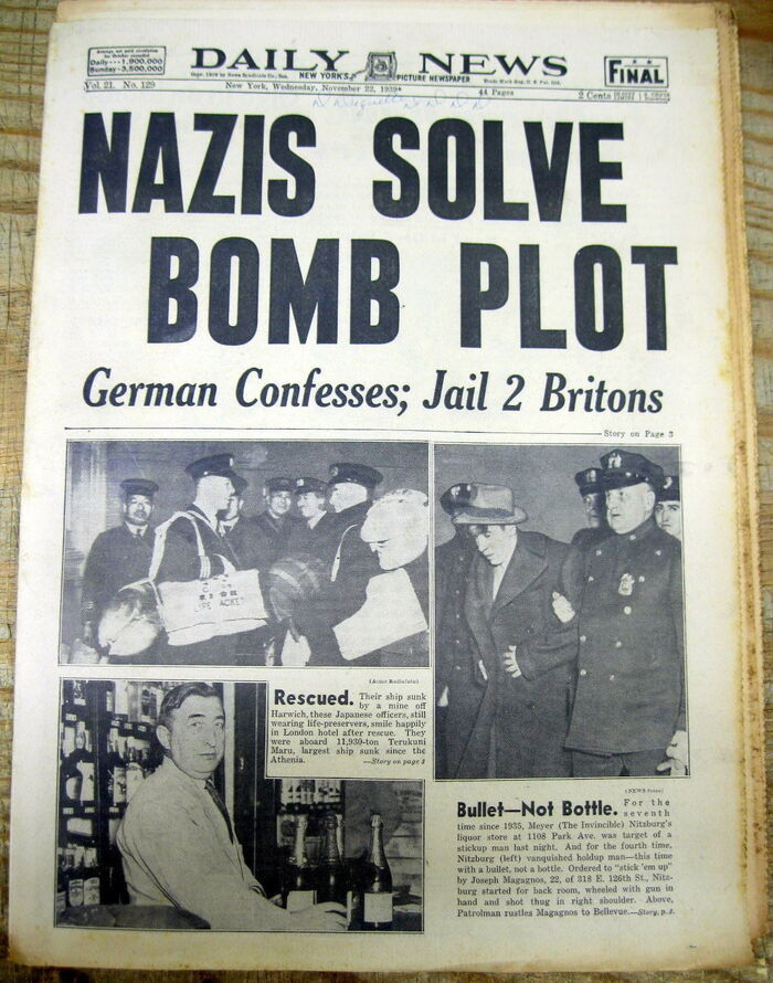 An early use of Daily New Gothic from 1939. A bomb meant to kill Hitler fails.
