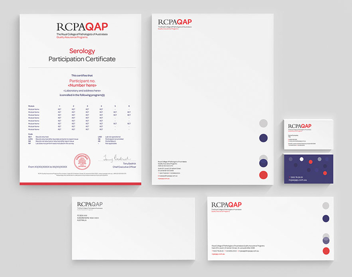The branding elements—logo, the Omnes typeface, and dots in red, purple and grey—as applied to stationery items like certificates, letterheads, compliments slips, and business cards.