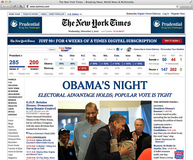 Screenshot taken of the nytimes.com homepage shortly after they called Obama&rsquo;s victory.