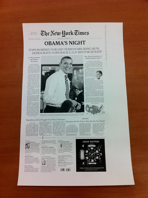 Despite webfont headlines, there&rsquo;s still a disparity between the overall look and feel of the layouts for the paper and web editions of the Times. Shown here is a sneak peek of the Nov 7 print edition&nbsp;shared by @nytimes on Twitter.
