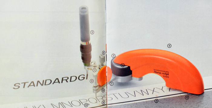 The rounded sans-serif caps used for the song title are probably not made with dry-transfer type, or any other type. They rather resemble the letterforms found in templates available for pantographic scribing devices like Keuffel &amp; Esser’s Leroy. The image shows the related Stano-Script by Standardgraph. See also “From Lettering Guides to CNC Plotters ”— A Brief History of Technical Lettering Tools”. Oscar &amp; Ewan’s Leroy (Colophon, 2012) is a digital font family based on a similar lettering template.