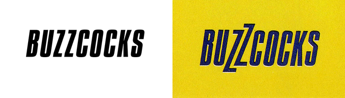 This comparison shows unmodified Compacta Italic (resetting using the digital version by Bitstream) next to the Buzzcocks logo as it’s featured on the “Orgasm Addict” sleeve. See also the Soundgarden mark for another band logo with selectively elongated letterforms.