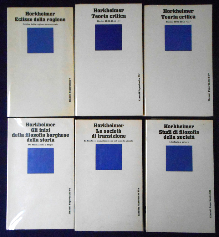 Several volumes with texts by Max Horkheimer, Einaudi Paperbacks 7, 53, 87, 104, 124.