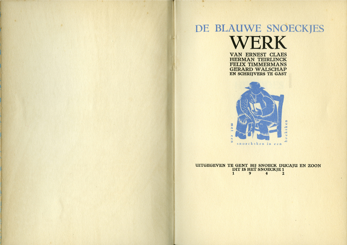 The series is named “De Blauwe Snoeckjes” (The blue pikes). The blue vignet shows a man, sitting in a chair with a book and a pike (snoek), and a text saying ”met een snoecksken in een hoeksken” (in a corner with a pike)