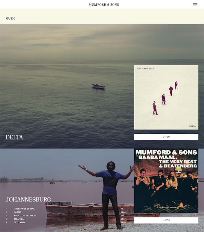 Website, showing the new Delta album and Baaba Maal, The Very Best &amp; Beatenberg, an earlier album with a different  look and styling.