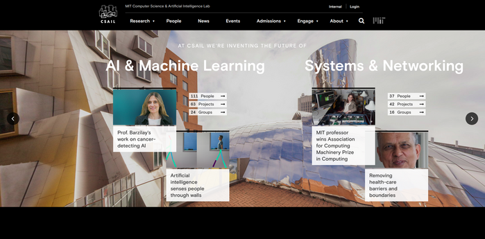 The CSAIL website opens with a 360° panoramic shot. As visitors scroll around, the website offers a view 

from a balcony at the iconic university building, plus a selection of departments and recent projects.