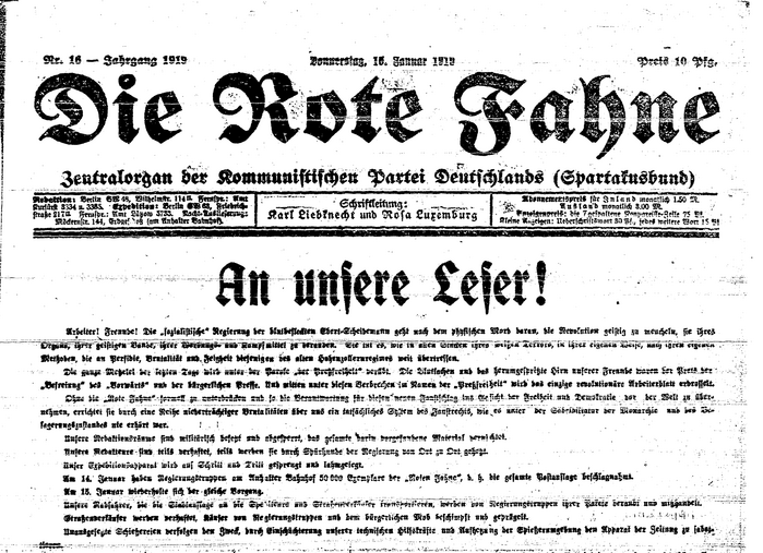 Die Rote Fahne, Nr. 16 from 16 January 1919. The exceptional situation and urgency is reflected typographically by the dissolution of the columns, resulting in unusually long lines.