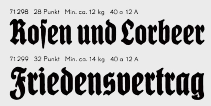 Detail from Berthold’s specimen Nr. 278 showing the bold condensed member of the König-Type family designed by Heinz König and issued by the Emil Gursch foundry in Berlin-Kreuzberg in 1907–1910. This typeface was still being used by the Berliner Lokal-Anzeiger in the 1940s and even in November 1944, after the paper was merged with the Berliner Morgenpost.