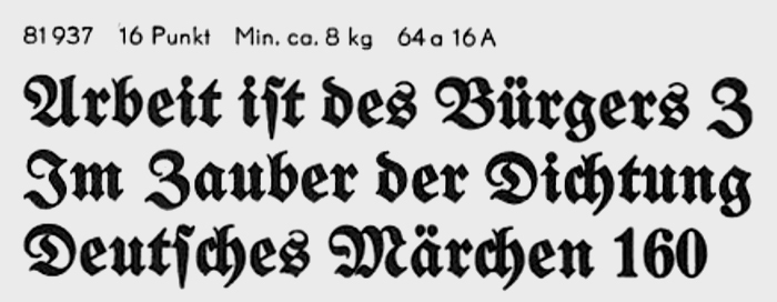 Detail from Berthold’s specimen Nr. 278 showing Mainzer Fraktur fett. This face probably originated at the Stuttgart-based foundry Bauer & Co., which was acquired by the H. Berthold AG in 1897. It was issued in 1901, “initiating the new movement in the creation of Fraktur types” — Friedrich Bauer.