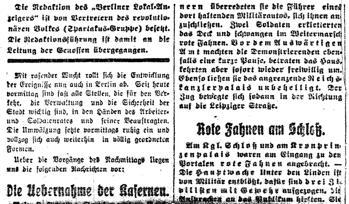 No time for details: In German Fraktur typography, it was common to use letterspacing for emphasis, in lieu of italics. This clipping has plenty of considerably letterspaced words, none of which would ask for emphasis. The goal here was to simply justify the lines as quick as possible. What’s a few stolen sheep compared to the liberation of the working class? Also note the dissolved umlauts at the bottom left (“Ueber”, “Uebernahme”): Fonts didn’t always include capital forms for ÄÖÜ, but instead had separate small pieces for the dots, which could be mounted on top of AOU. This step required some fiddling, and hence it was skipped here.