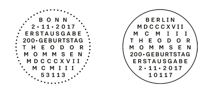 Roman numerals for the scholar of Roman history. The First Day of Issue postmarks use Nitti Grotesk in all caps, force-justified to fit the circle shape.
