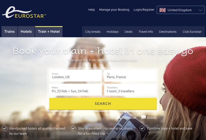 UK version of the Eurostar website. Aspect is used for headings, Pembroke for all smaller text.