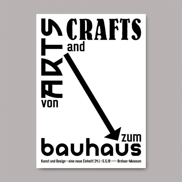 Announcement card, October 2018. This first application features the most direct graphic translation of the title, with the focus on the arrow that leads from Arts and Craft to the Bauhaus. See also this poster by Lucian Bernhard from 1919/1923. The smaller type is in Luigi, a private font designed by Timo Thurner. Among commonly available fonts, Michael Doret’s  Condensed probably comes closest.