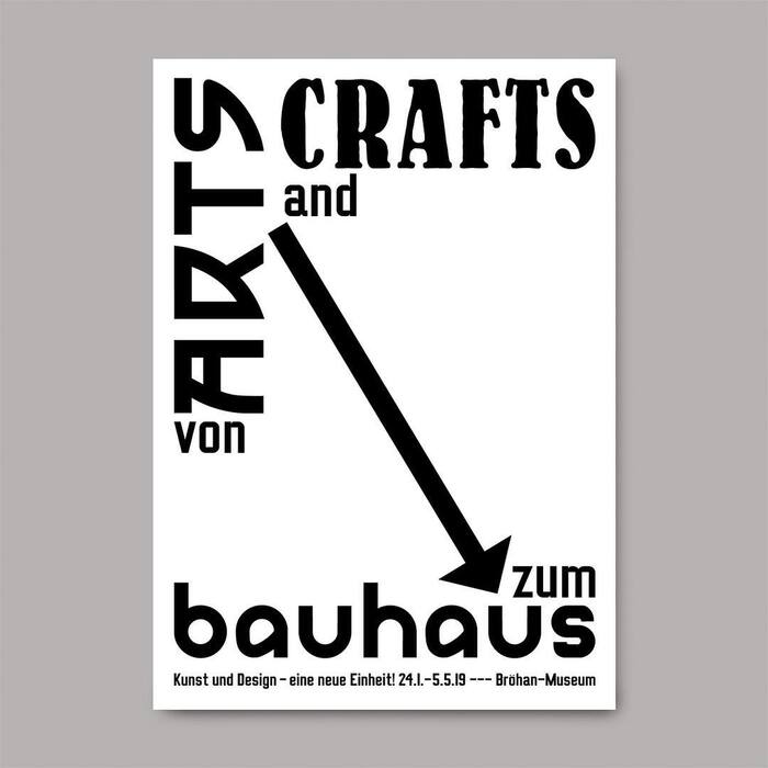 Announcement card, October 2018. This first application features the most direct graphic translation of the title, with the focus on the arrow that leads from Arts and Craft to the Bauhaus. See also this poster by Lucian Bernhard from 1919/1923. The smaller type is in Luigi, a private font designed by Timo Thurner. Among commonly available fonts, Michael Doret&rsquo;s  Condensed probably comes closest.