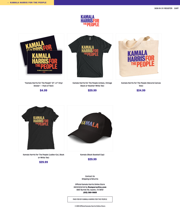 Branded merchandise in the Kamala Harris: For The People online store.