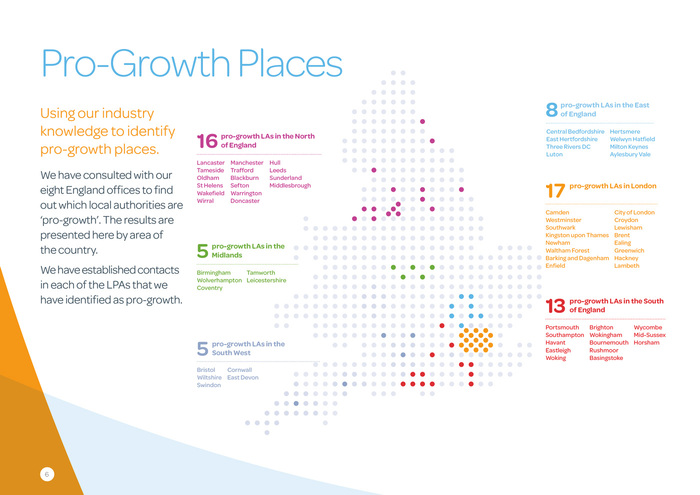 Map from a mailing about “Identifying Pro-Growth Locations in England.” Bright colors and numerals from Omnes SemiBold help to navigate the information.