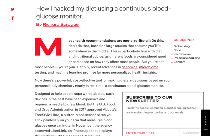 Headline in Untitled Sans Light with author byline and marginal links in Dinamit Regular. The amply padded drop cap is from Dinamit Bold. Article text in Untitled Sans Regular, with the first line highlighted by the bolder Medium.